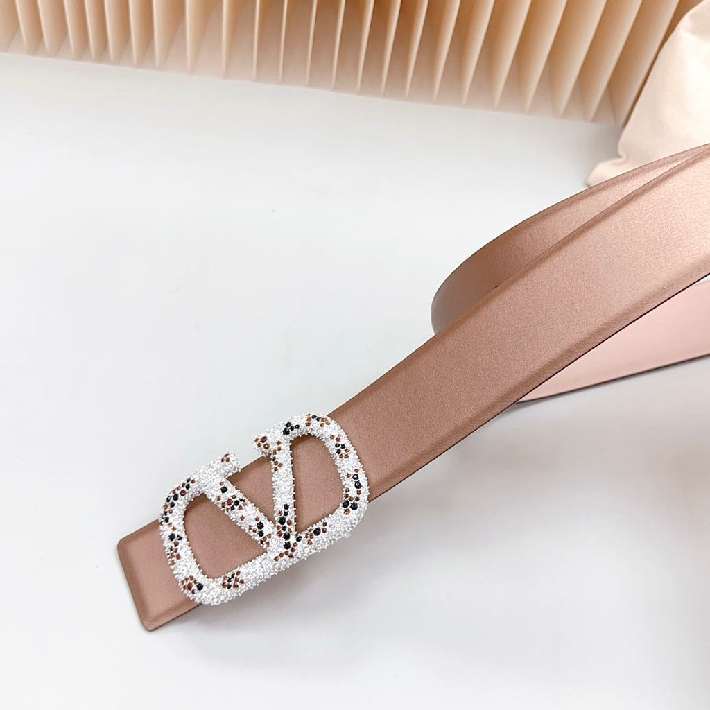 VALENTINO Vlogo Brown Black White Stone Silver Buckle Belt 40mm Brown Light Pink Leather