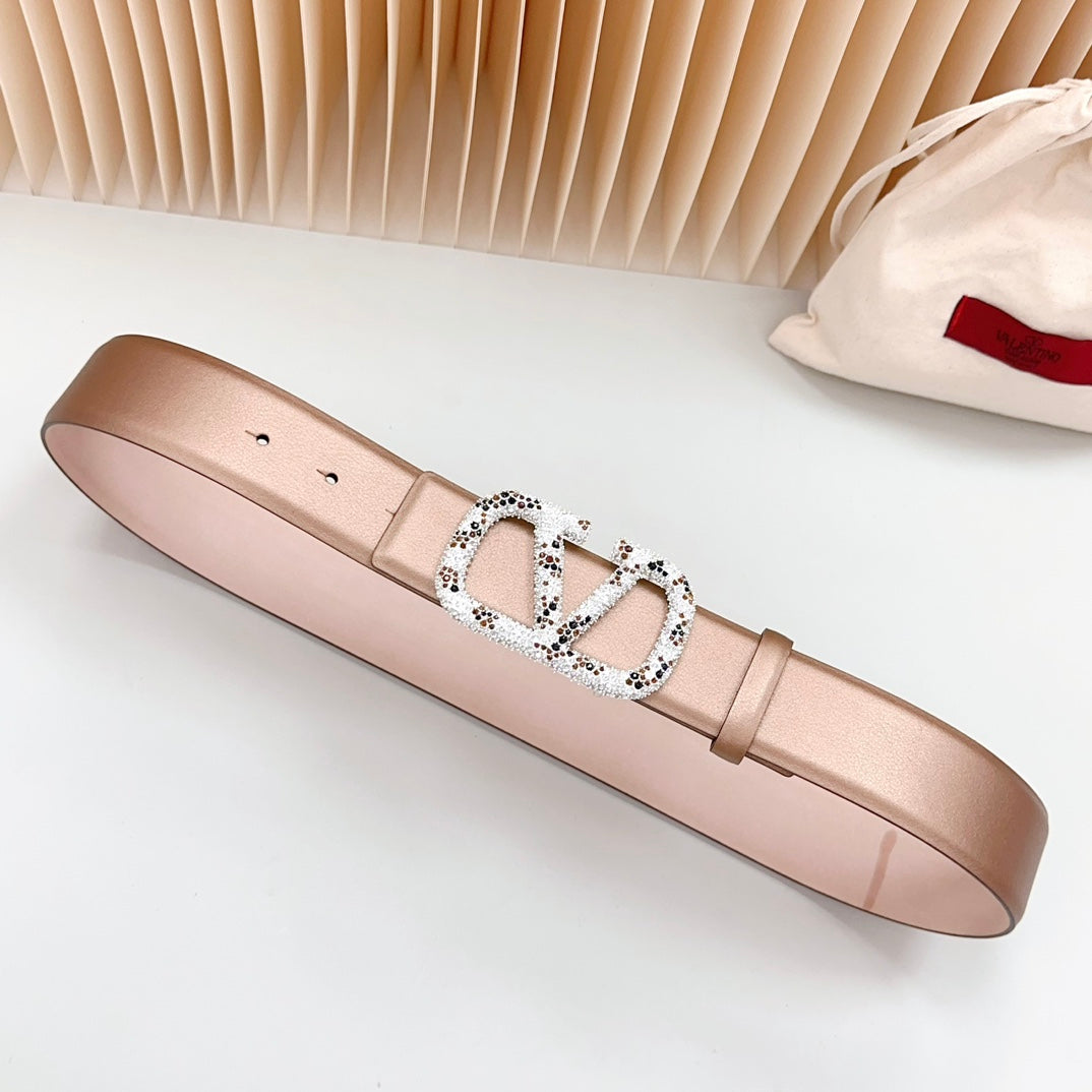 VALENTINO Vlogo Brown Black White Stone Silver Buckle Belt 40mm Brown Light Pink Leather