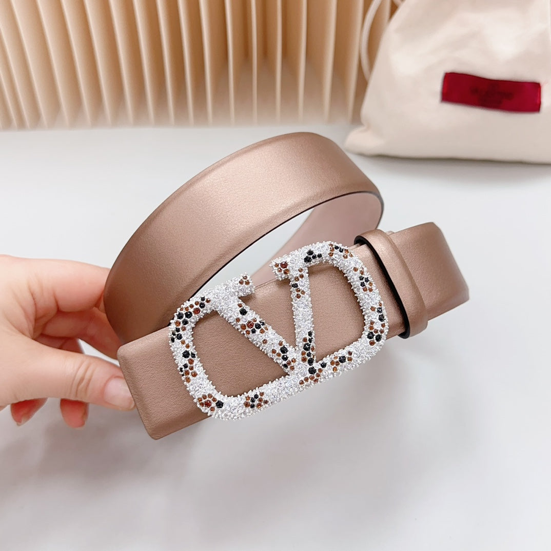 VALENTINO Vlogo Brown Black White Stone Silver Buckle Belt 40mm Brown Light Pink Leather