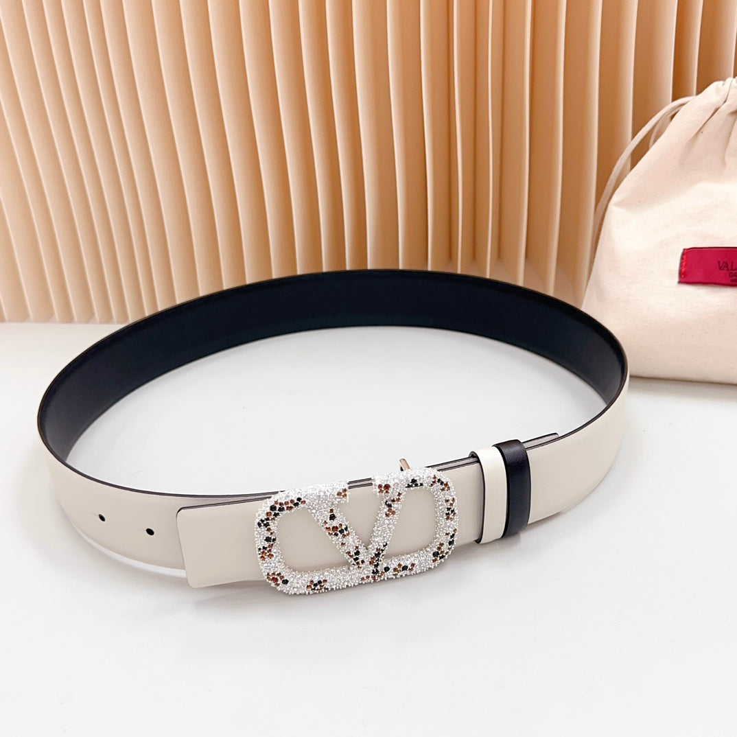 VALENTINO Vlogo Brown Black White Stone Silver Buckle Belt 40mm Black White Leather