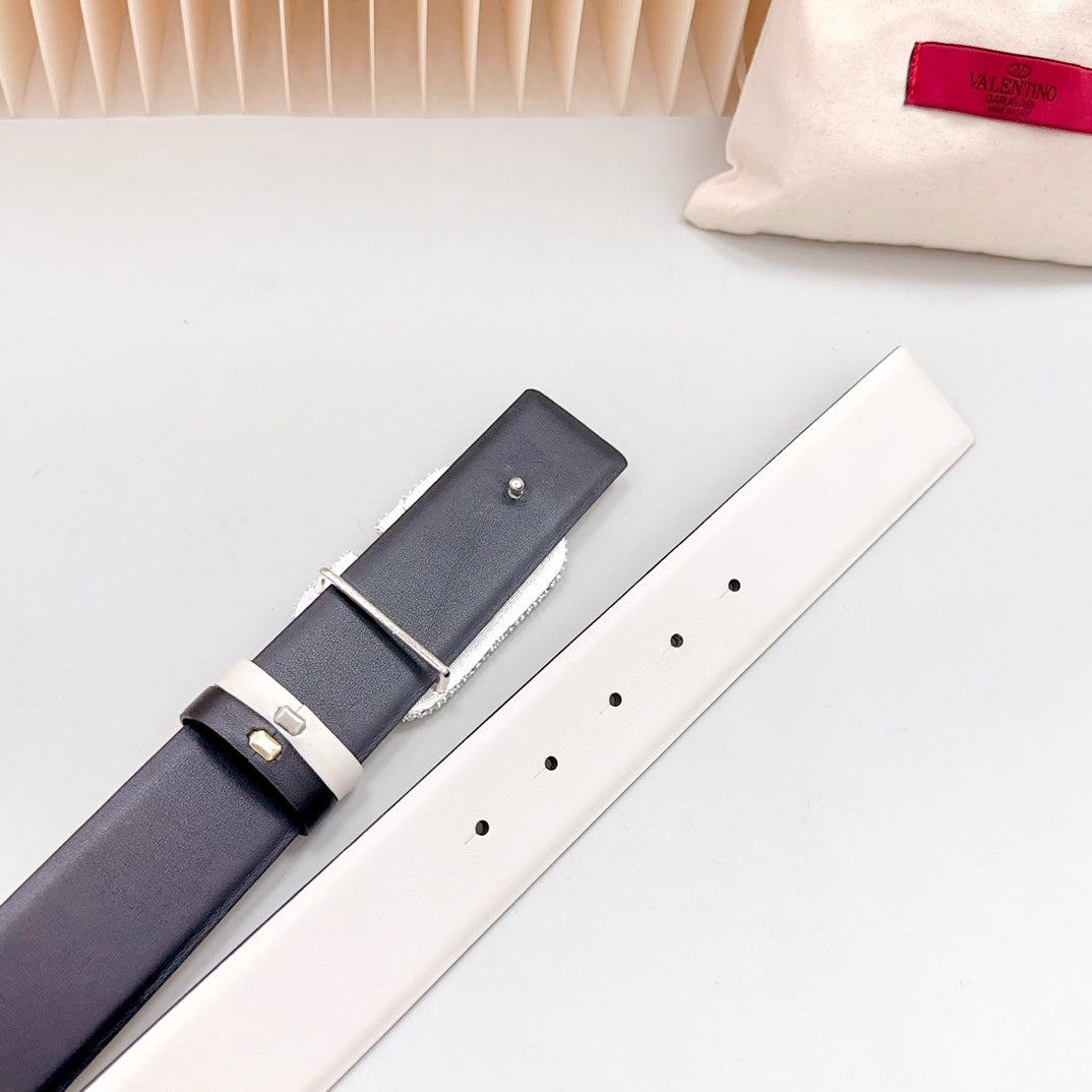 VALENTINO Vlogo Brown Black White Stone Silver Buckle Belt 40mm Black White Leather