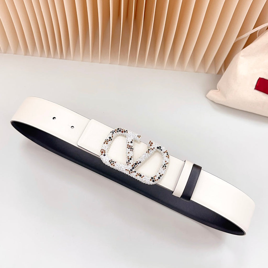 VALENTINO Vlogo Brown Black White Stone Silver Buckle Belt 40mm Black White Leather