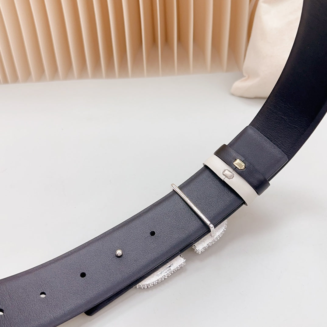 VALENTINO Vlogo Brown Black White Stone Silver Buckle Belt 40mm Black White Leather