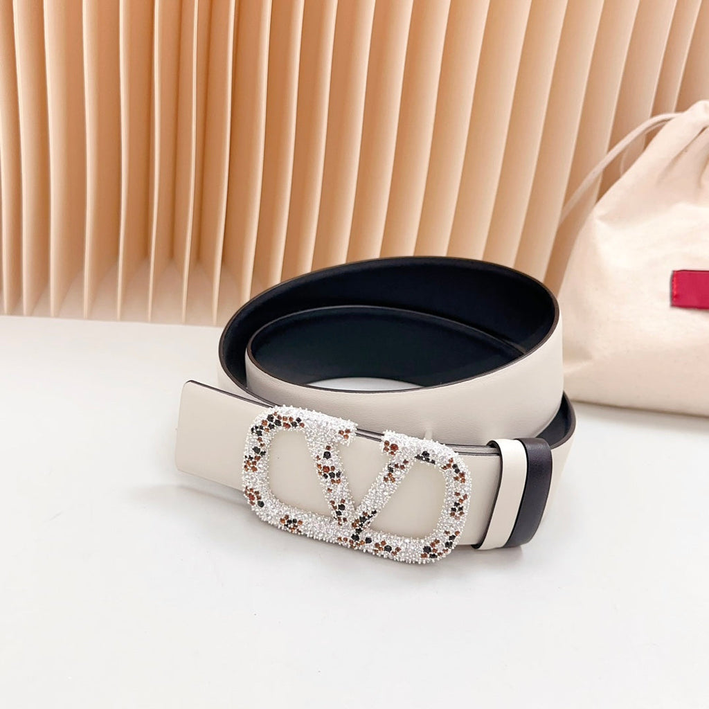 VALENTINO Vlogo Brown Black White Stone Silver Buckle Belt 40mm Black White Leather