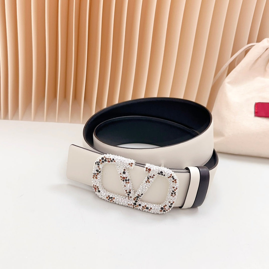 VALENTINO Vlogo Brown Black White Stone Silver Buckle Belt 40mm Black White Leather