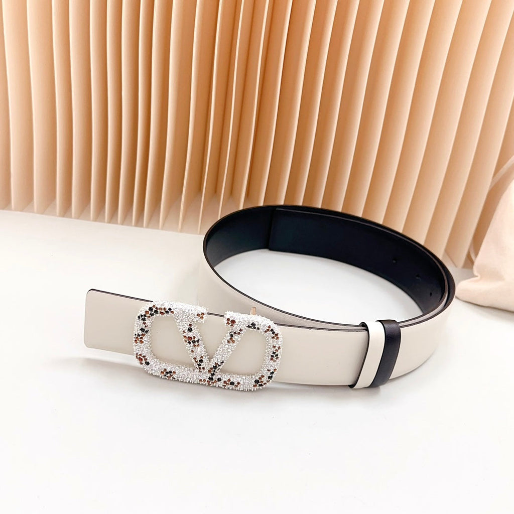 VALENTINO Vlogo Brown Black White Stone Silver Buckle Belt 40mm Black White Leather