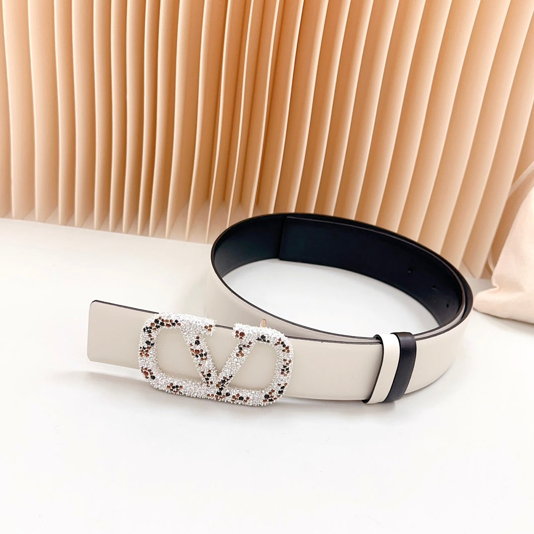 VALENTINO Vlogo Brown Black White Stone Silver Buckle Belt 40mm Black White Leather