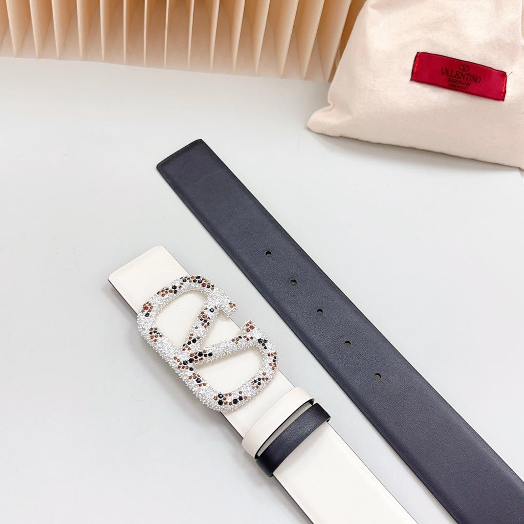 VALENTINO Vlogo Brown Black White Stone Silver Buckle Belt 40mm Black White Leather