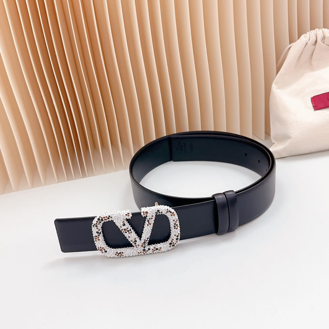 VALENTINO Vlogo Brown Black White Stone Silver Buckle Belt 40mm Black Leather