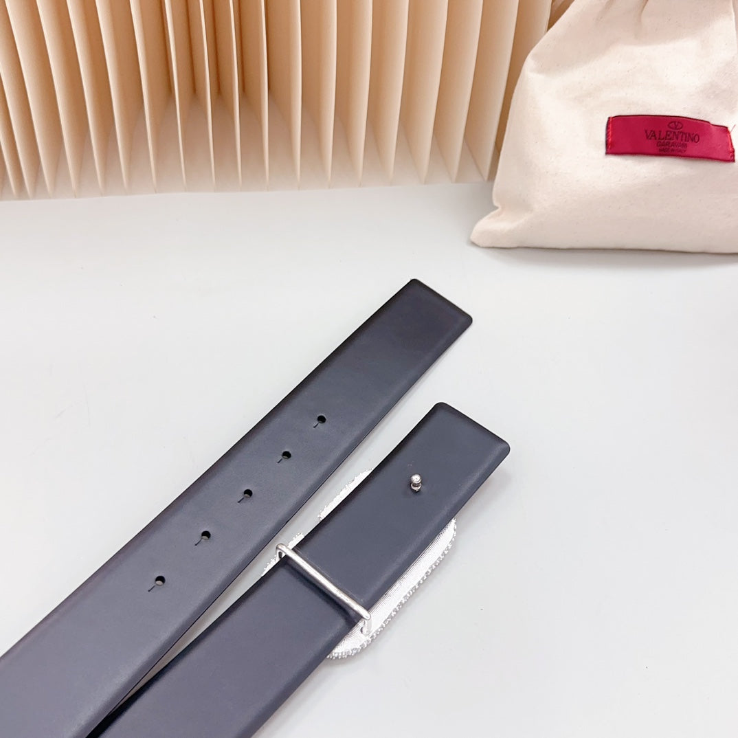 VALENTINO Vlogo Brown Black White Stone Silver Buckle Belt 40mm Black Leather