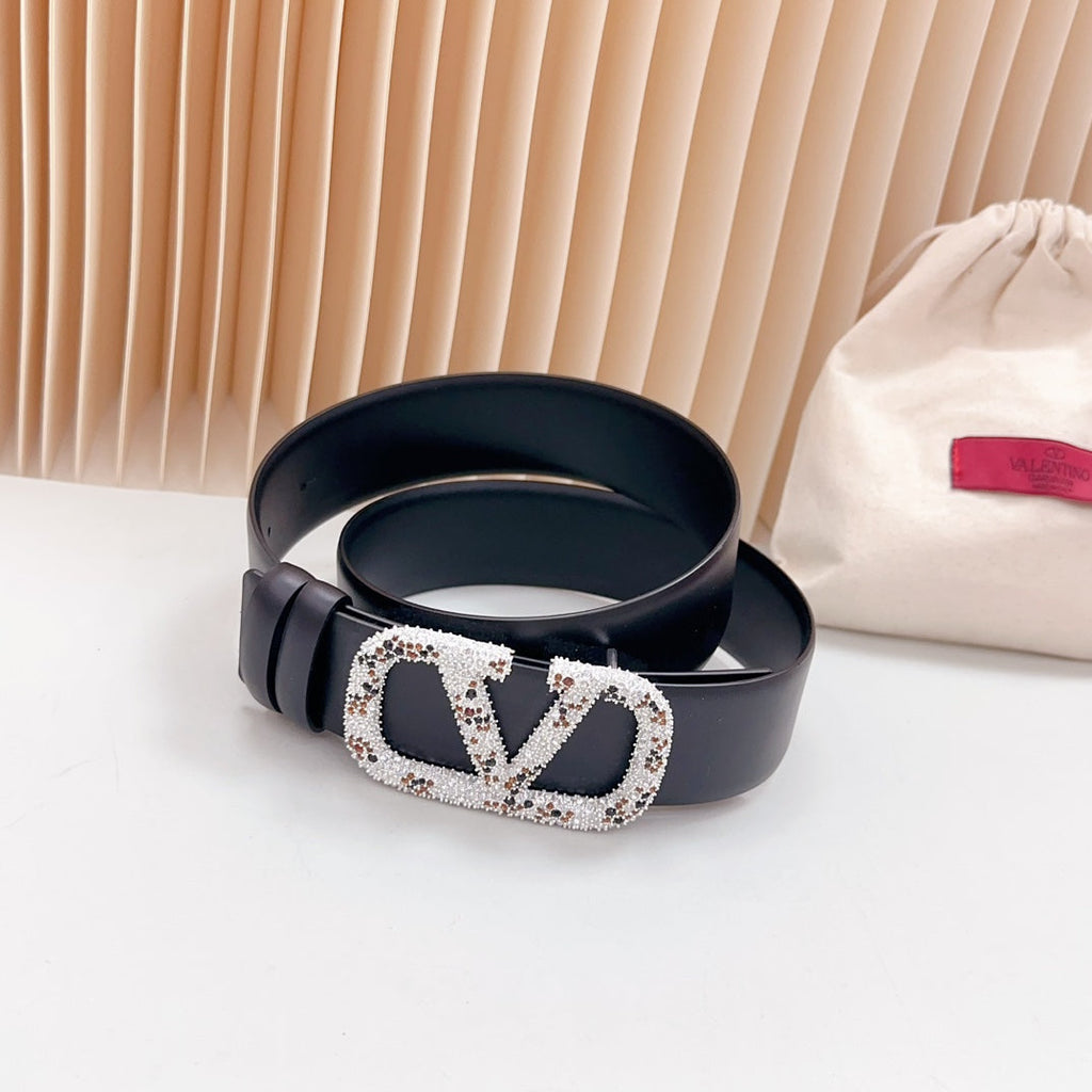 VALENTINO Vlogo Brown Black White Stone Silver Buckle Belt 40mm Black Leather