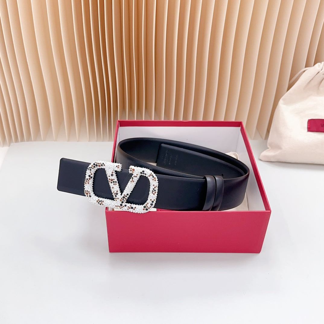 VALENTINO Vlogo Brown Black White Stone Silver Buckle Belt 40mm Black Leather
