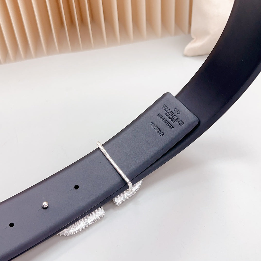 VALENTINO Vlogo Brown Black White Stone Silver Buckle Belt 40mm Black Leather
