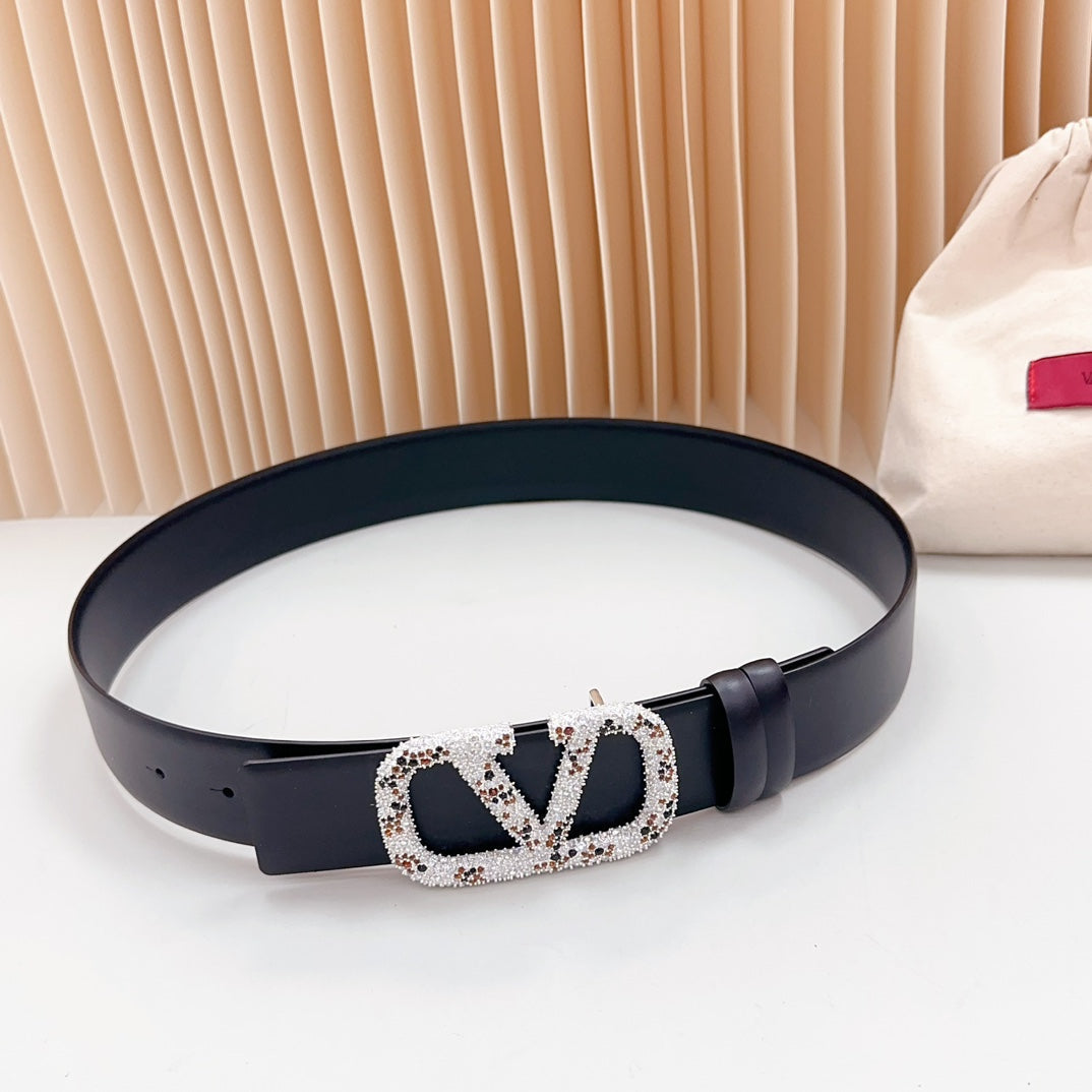 VALENTINO Vlogo Brown Black White Stone Silver Buckle Belt 40mm Black Leather