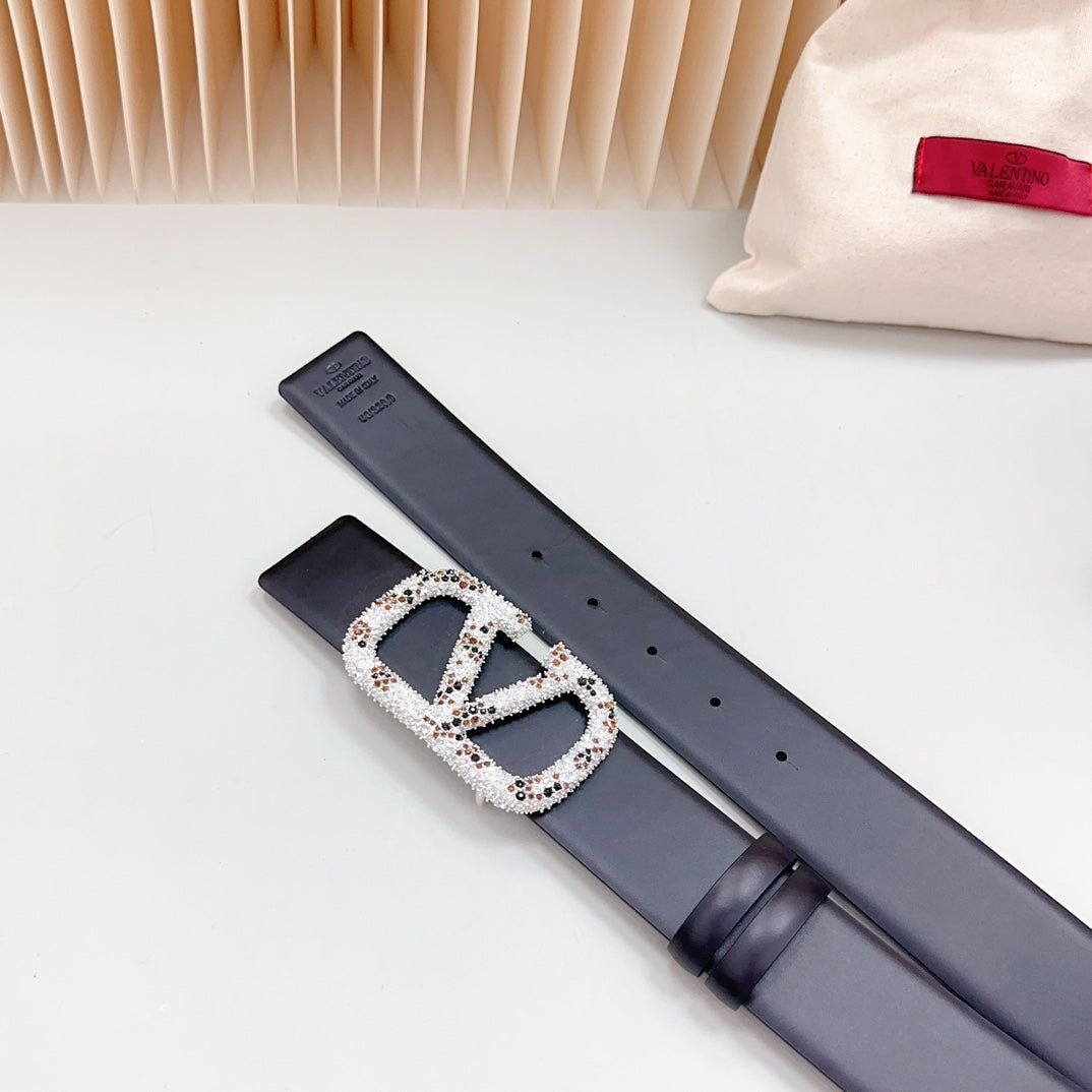 VALENTINO Vlogo Brown Black White Stone Silver Buckle Belt 40mm Black Leather