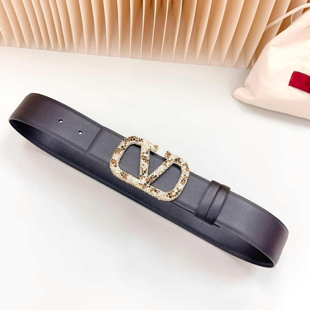 VALENTINO Vlogo Brown Black White Stone Gold Buckle Belt 40mm Black Leather