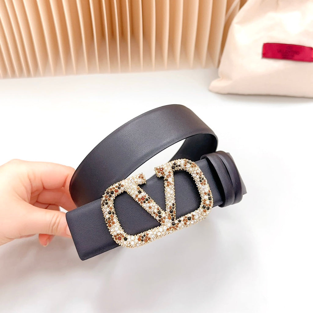 VALENTINO Vlogo Brown Black White Stone Gold Buckle Belt 40mm Black Leather