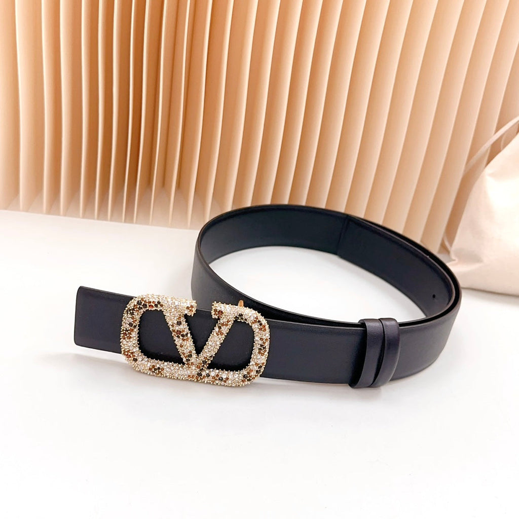 VALENTINO Vlogo Brown Black White Stone Gold Buckle Belt 40mm Black Leather