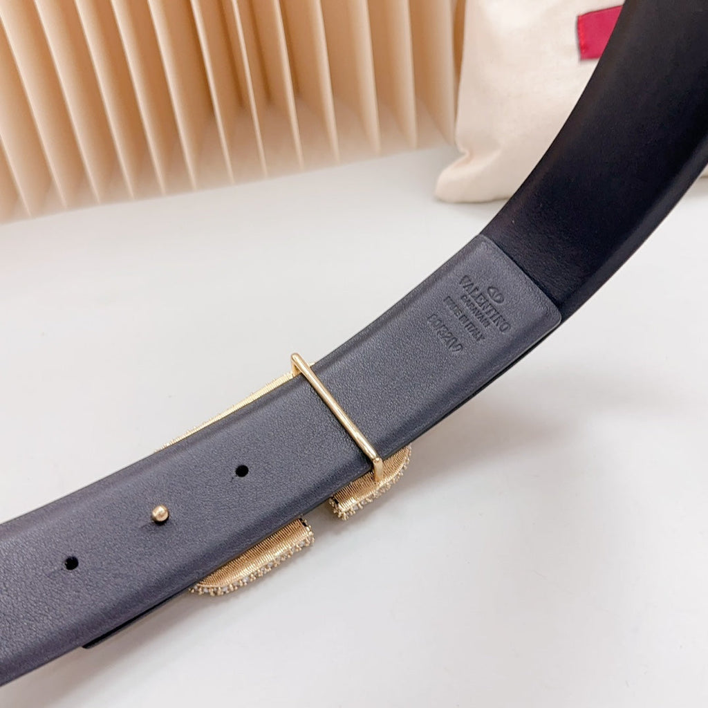 VALENTINO Vlogo Brown Black White Stone Gold Buckle Belt 40mm Black Leather