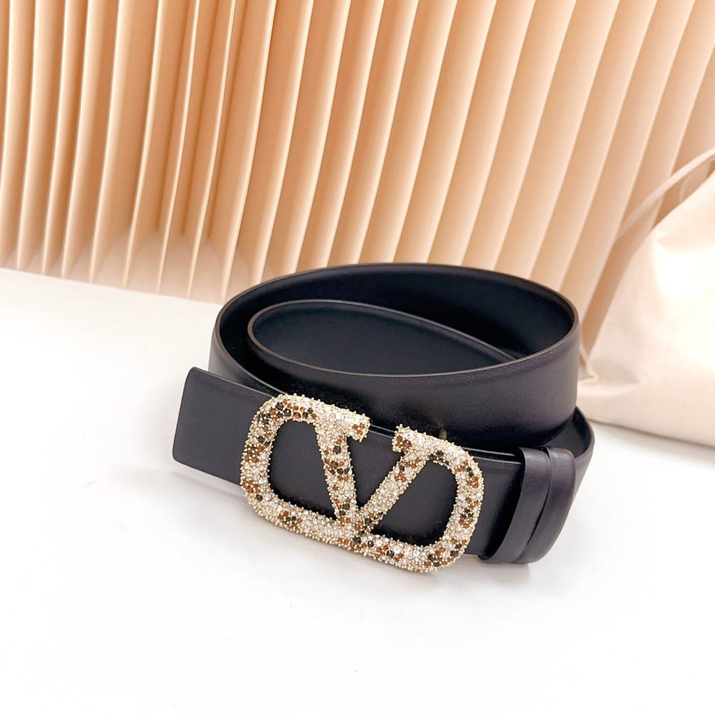 VALENTINO Vlogo Brown Black White Stone Gold Buckle Belt 40mm Black Leather
