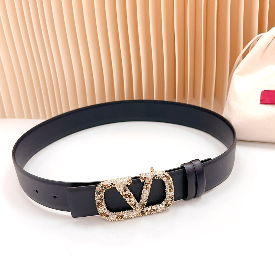 VALENTINO Vlogo Brown Black White Stone Gold Buckle Belt 40mm Black Leather
