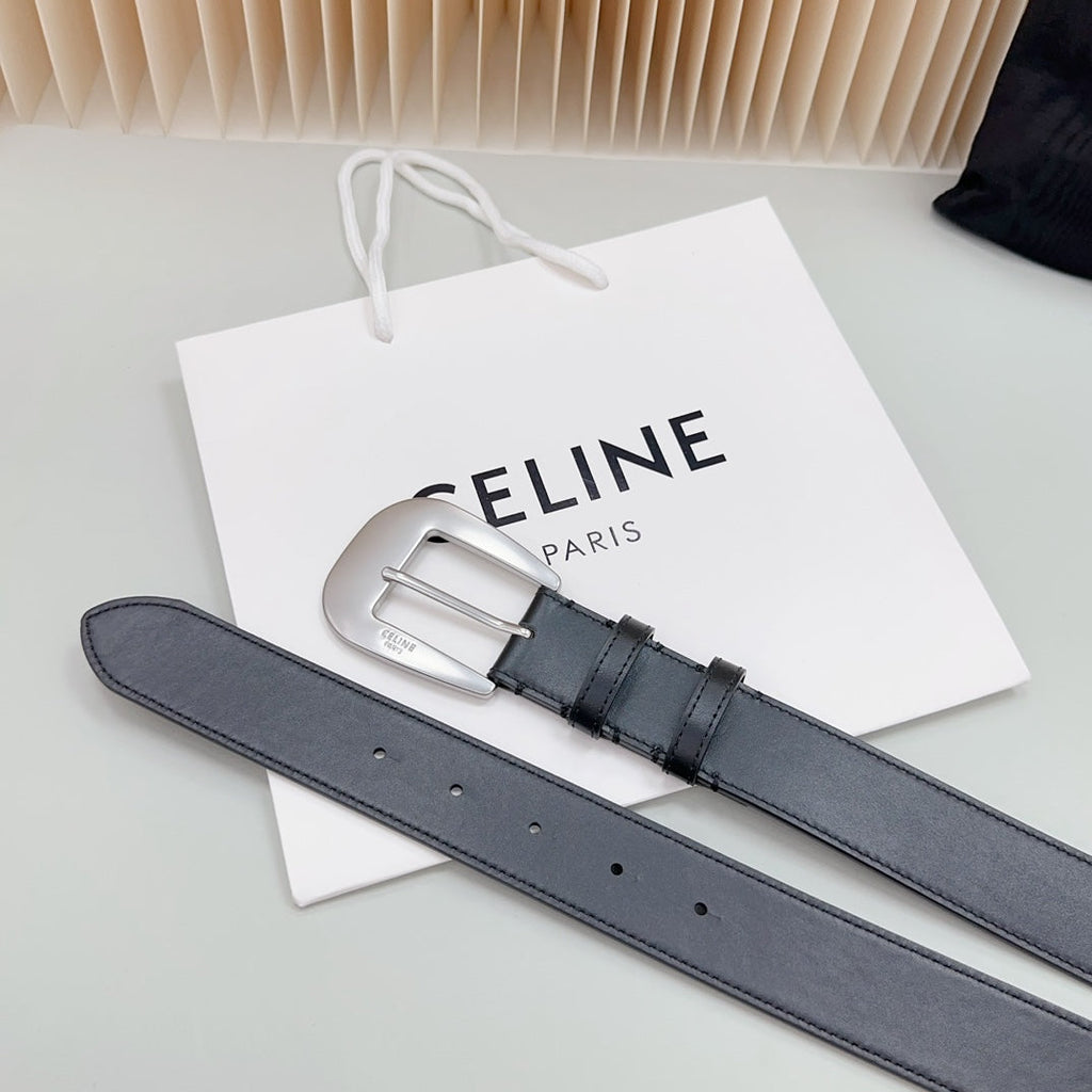 CELINE LARGE WESTERN 35 MM BELT BLACK CALFSKIN SILVER HARDWARE