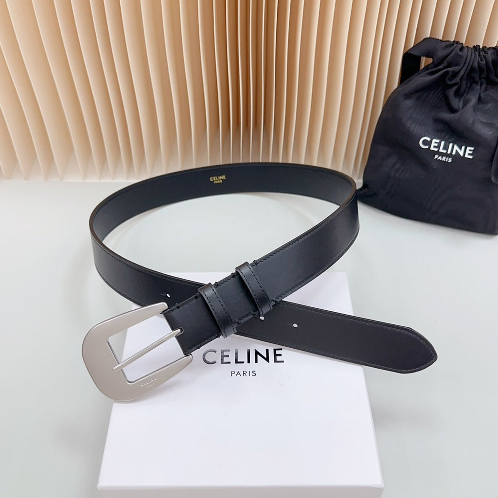 CELINE LARGE WESTERN 35 MM BELT BLACK CALFSKIN SILVER HARDWARE