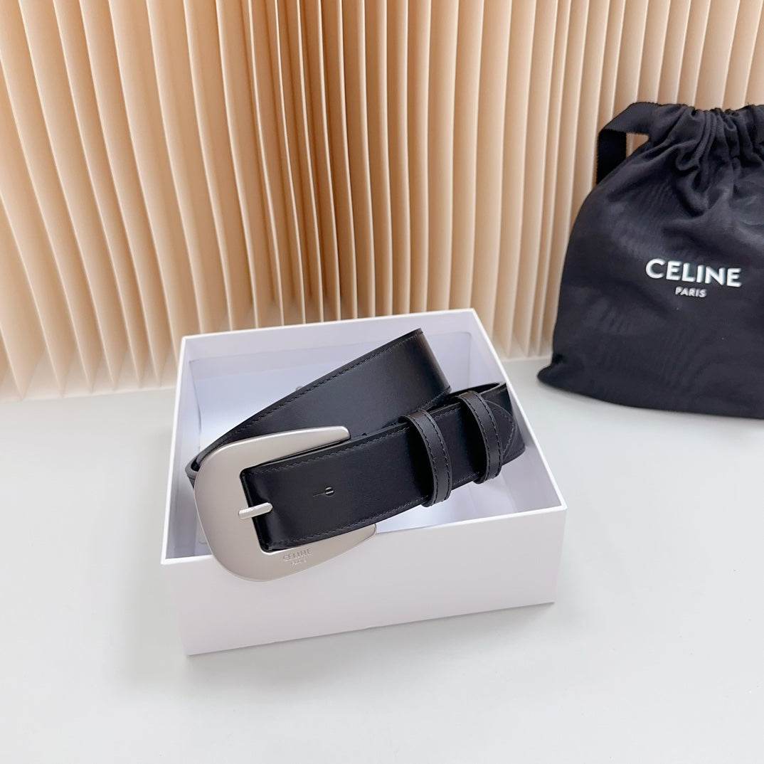 CELINE LARGE WESTERN 35 MM BELT BLACK CALFSKIN SILVER HARDWARE