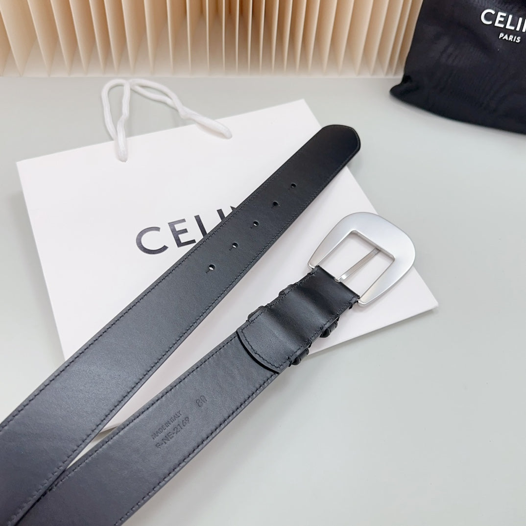 CELINE LARGE WESTERN 35 MM BELT BLACK CALFSKIN SILVER HARDWARE