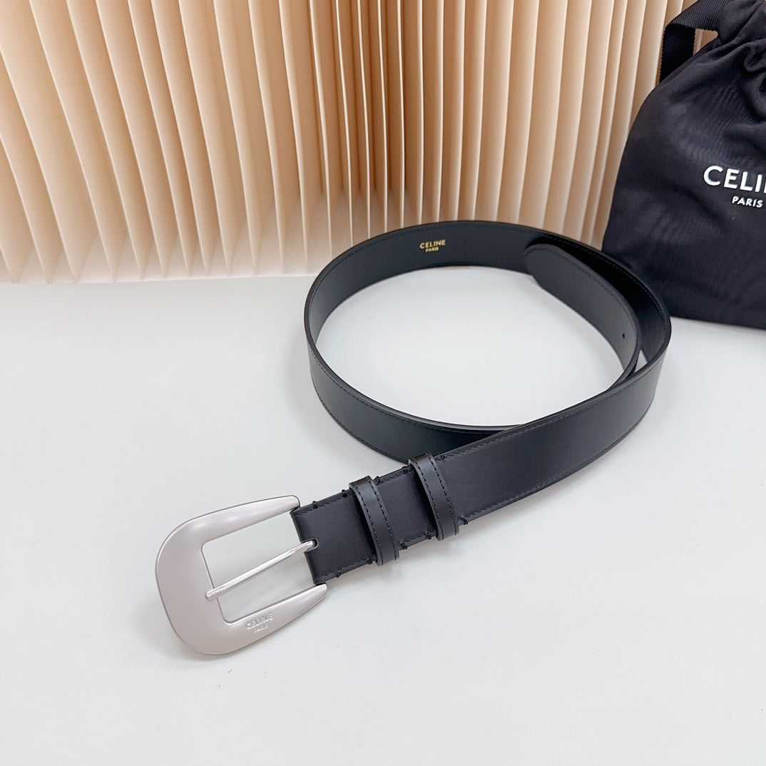 CELINE LARGE WESTERN 35 MM BELT BLACK CALFSKIN SILVER HARDWARE