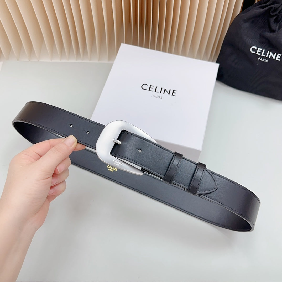 CELINE LARGE WESTERN 35 MM BELT BLACK CALFSKIN SILVER HARDWARE
