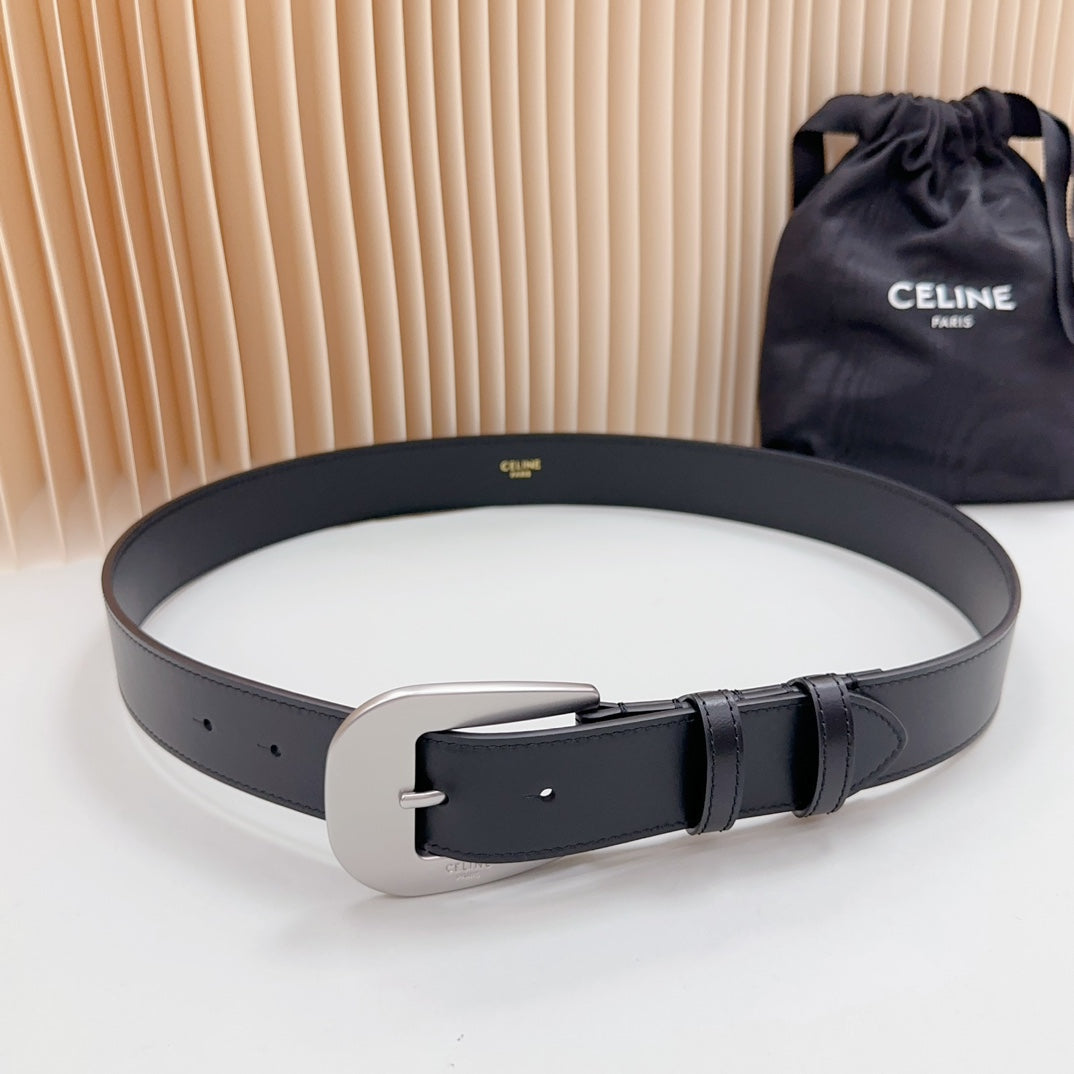 CELINE LARGE WESTERN 35 MM BELT BLACK CALFSKIN SILVER HARDWARE