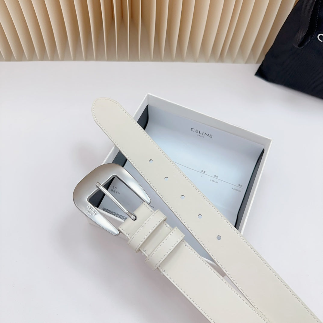 CELINE LARGE WESTERN 35 MM BELT WHITE CALFSKIN SILVER HARDWARE