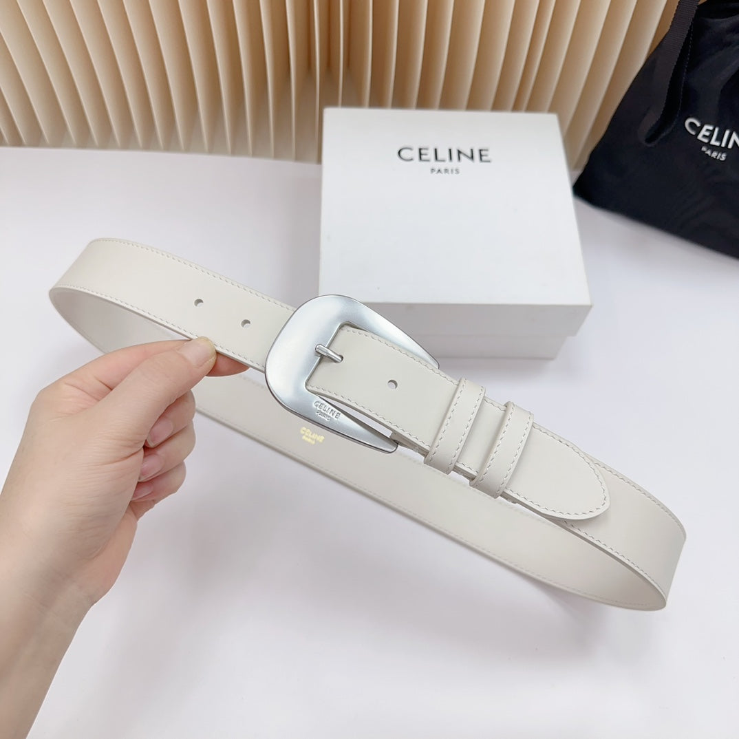 CELINE LARGE WESTERN 35 MM BELT WHITE CALFSKIN SILVER HARDWARE