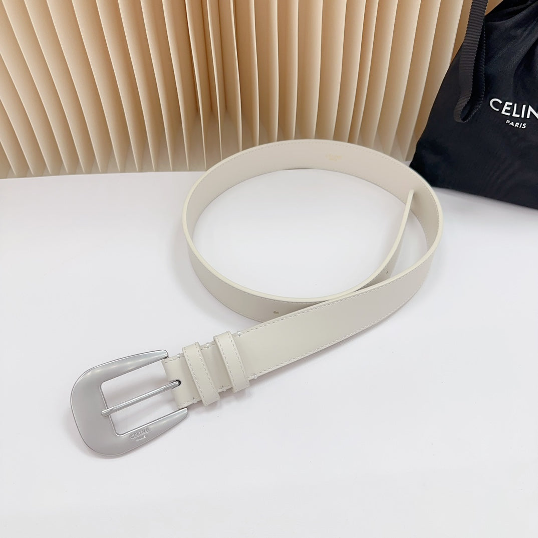 CELINE LARGE WESTERN 35 MM BELT WHITE CALFSKIN SILVER HARDWARE
