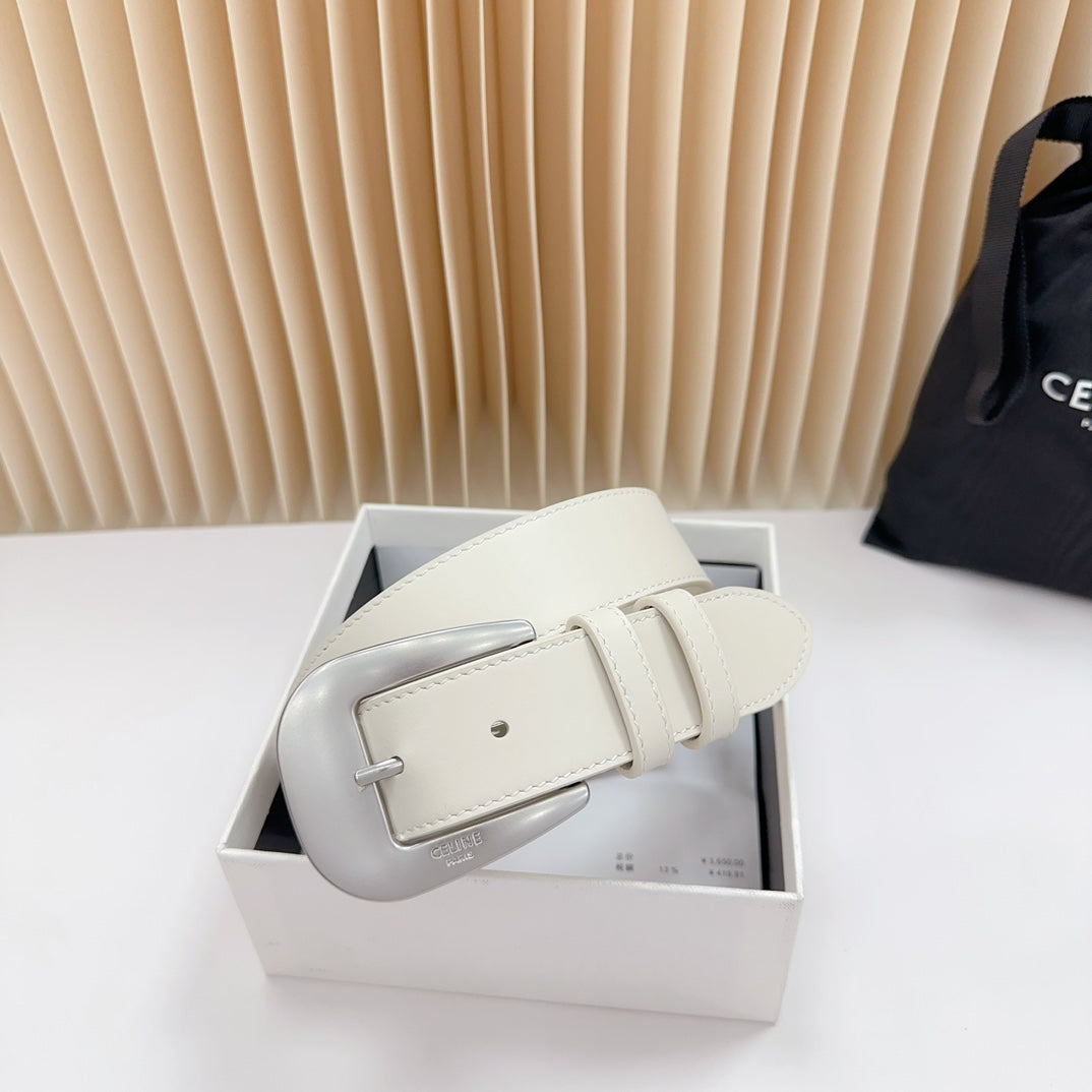 CELINE LARGE WESTERN 35 MM BELT WHITE CALFSKIN SILVER HARDWARE