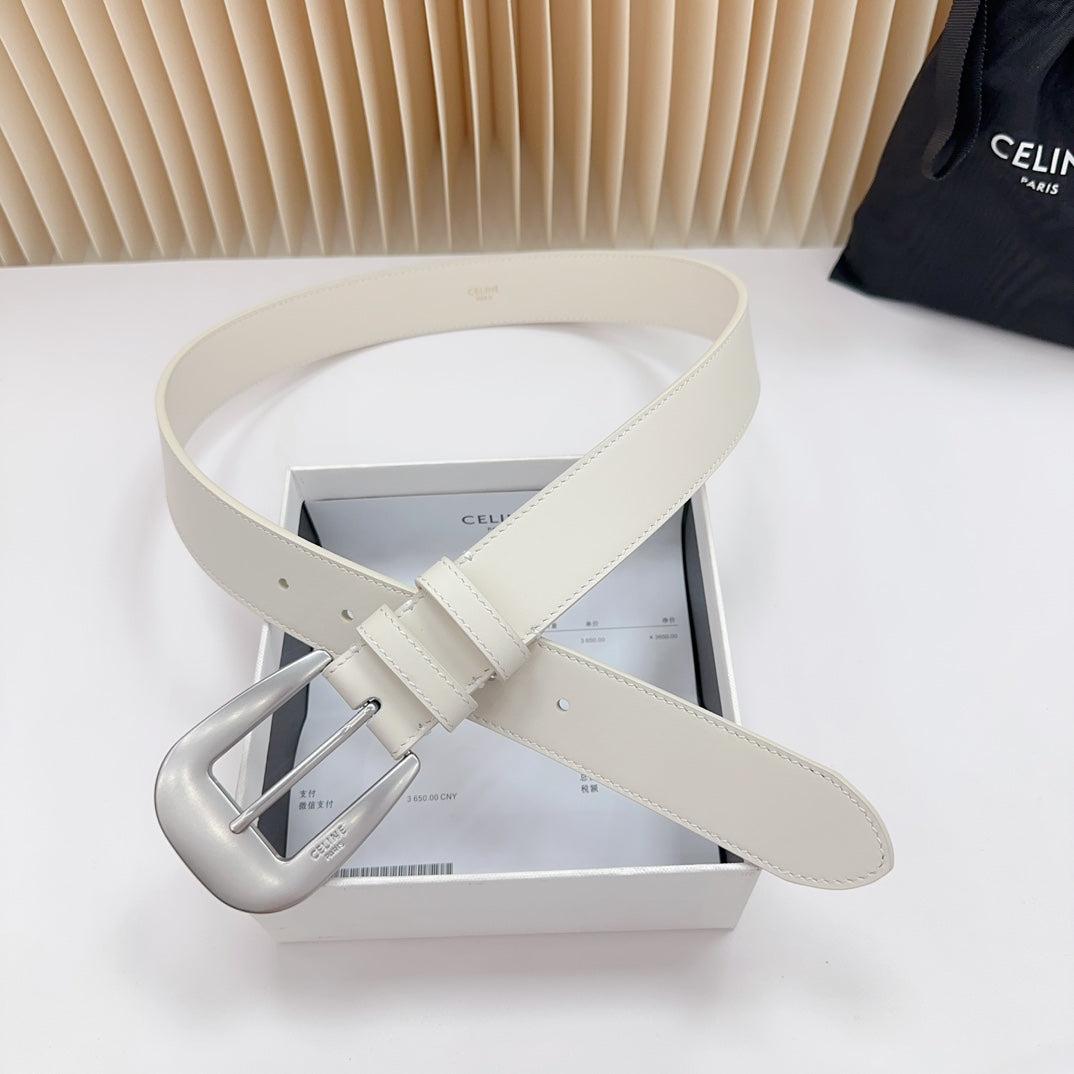 CELINE LARGE WESTERN 35 MM BELT WHITE CALFSKIN SILVER HARDWARE
