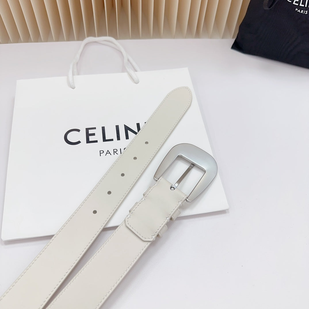 CELINE LARGE WESTERN 35 MM BELT WHITE CALFSKIN SILVER HARDWARE