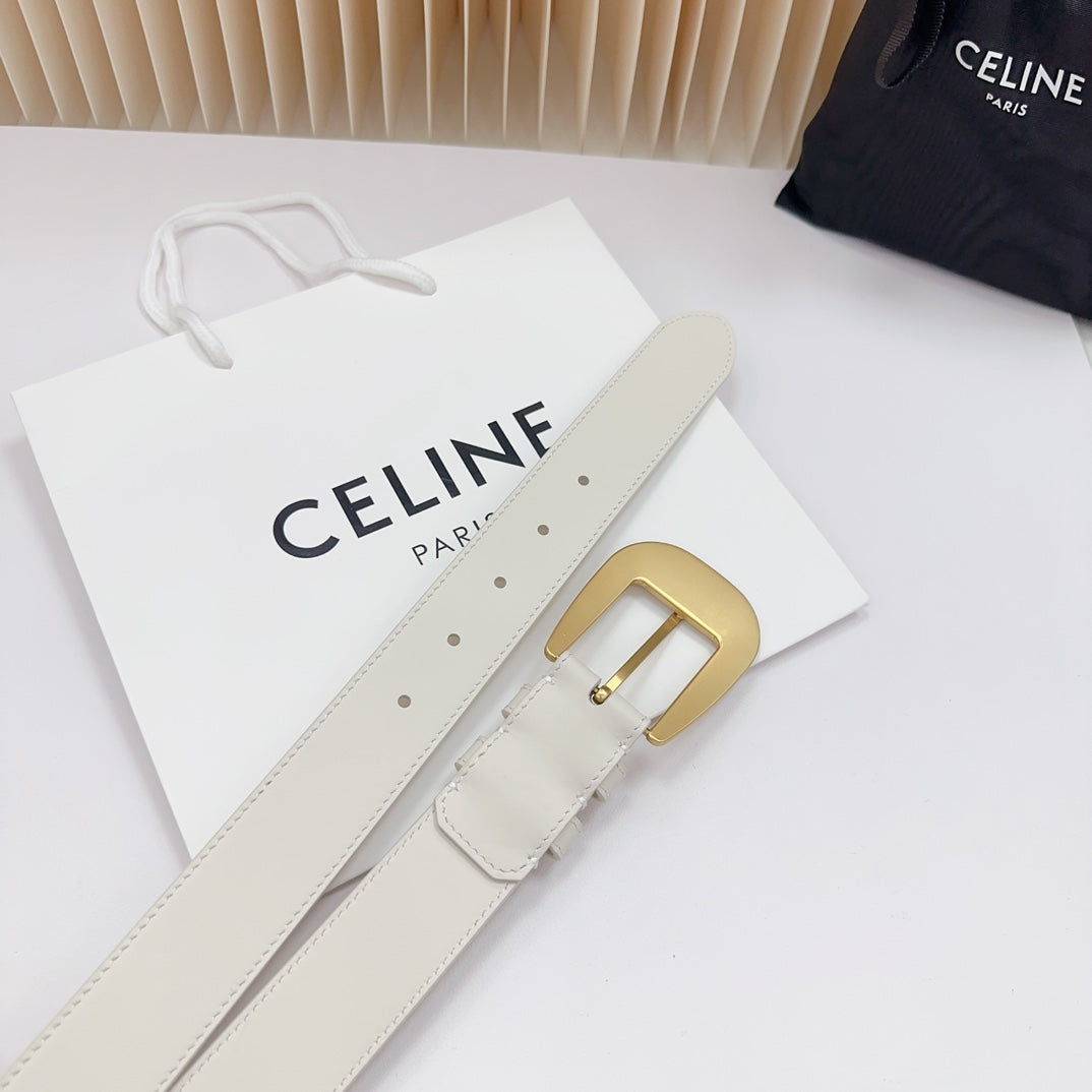 CELINE LARGE WESTERN 35 MM BELT WHITE CALFSKIN GOLD HARDWARE
