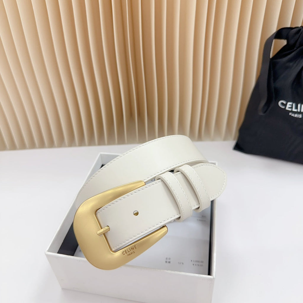 CELINE LARGE WESTERN 35 MM BELT WHITE CALFSKIN GOLD HARDWARE