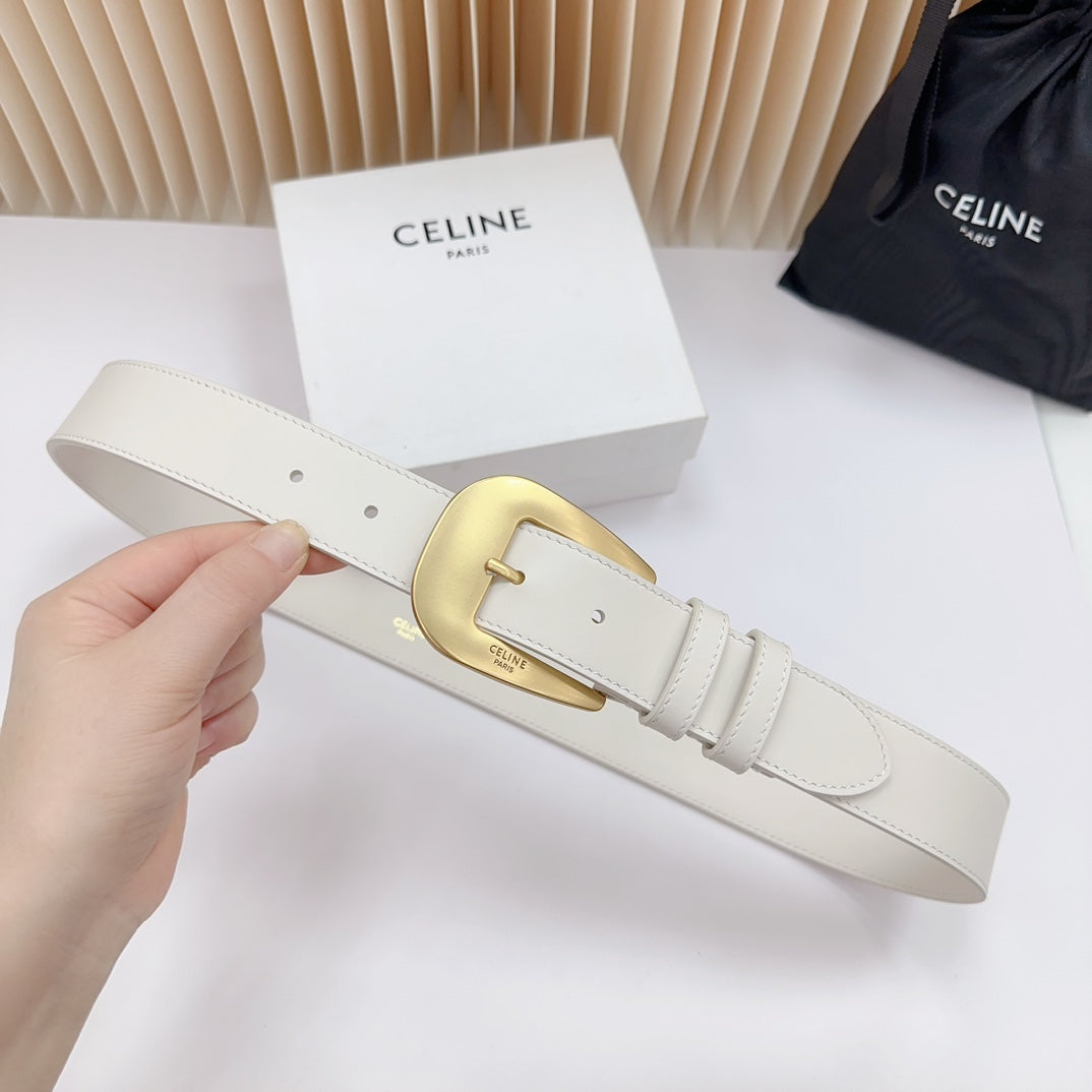CELINE LARGE WESTERN 35 MM BELT WHITE CALFSKIN GOLD HARDWARE