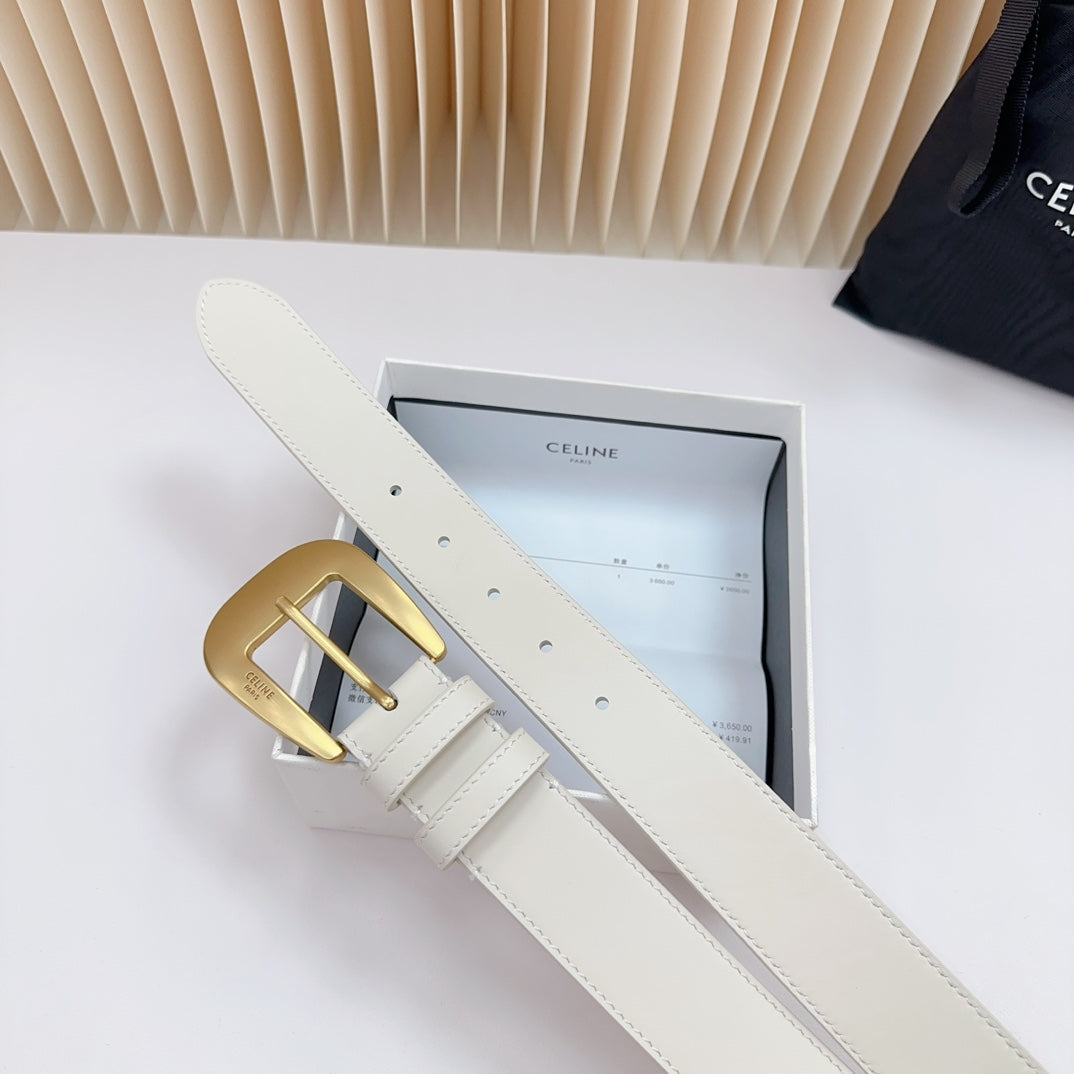 CELINE LARGE WESTERN 35 MM BELT WHITE CALFSKIN GOLD HARDWARE