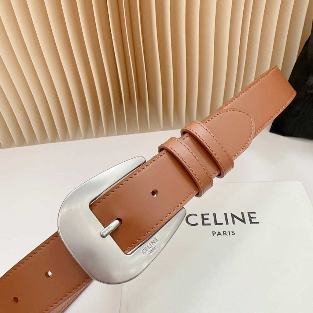 CELINE LARGE WESTERN 35 MM BELT BRONZE BROWN CALFSKIN SILVER HARDWARE