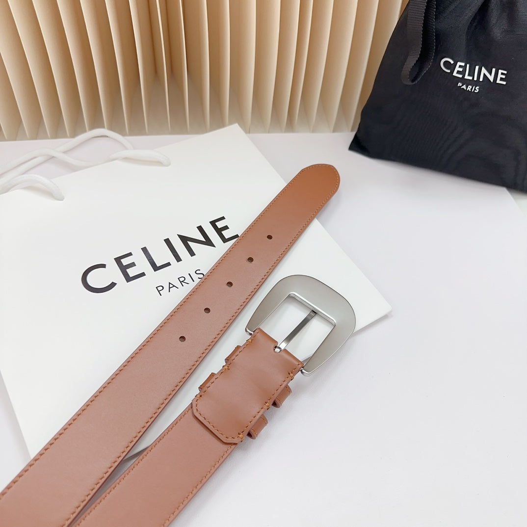 CELINE LARGE WESTERN 35 MM BELT BRONZE BROWN CALFSKIN SILVER HARDWARE