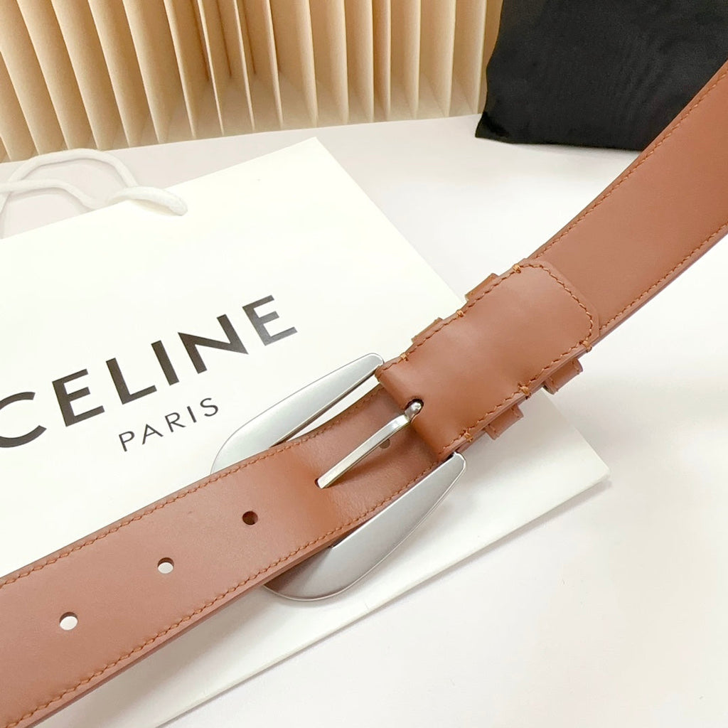 CELINE LARGE WESTERN 35 MM BELT BRONZE BROWN CALFSKIN SILVER HARDWARE