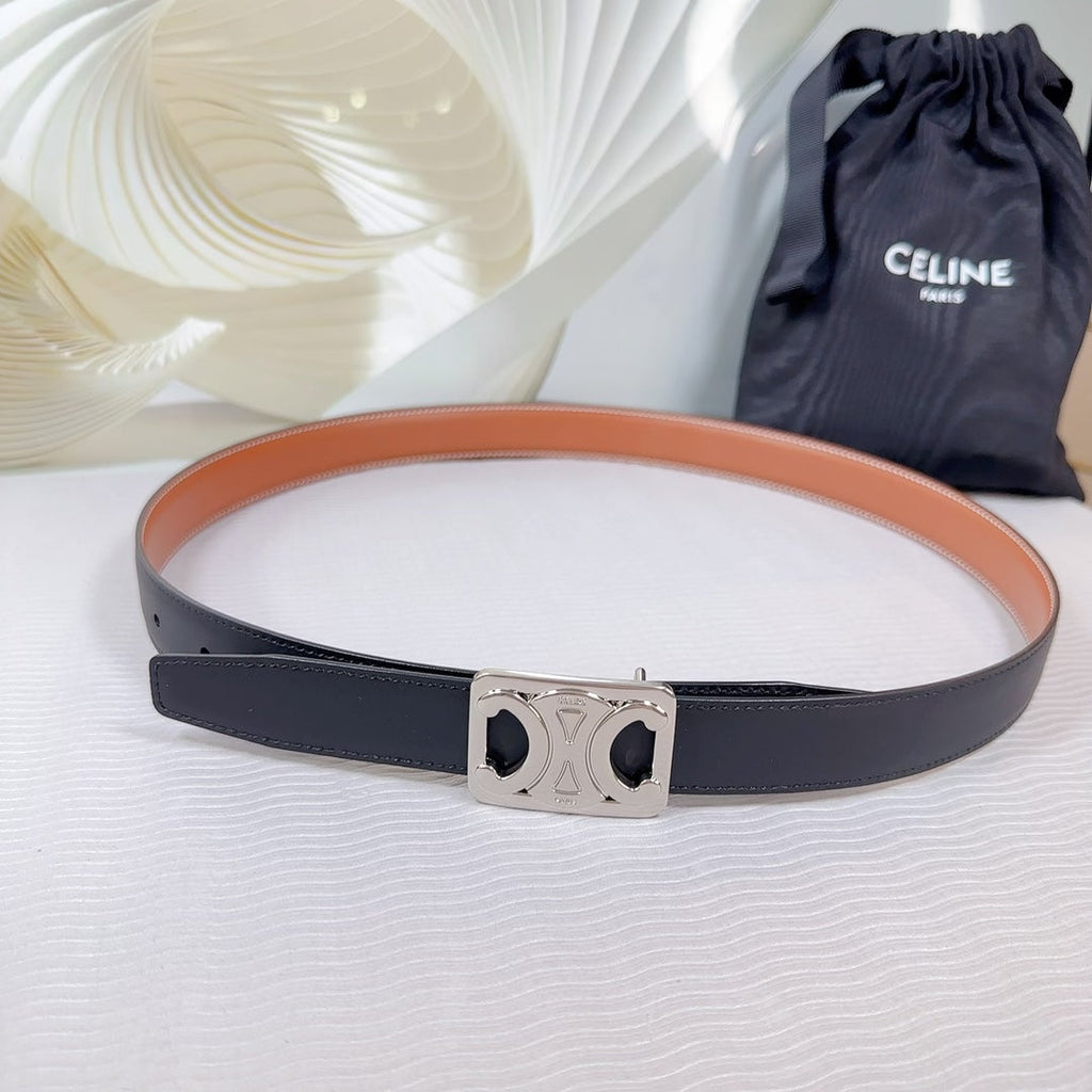 CELINE CL MEDIUM 25 MM REVERSIBLE FRAMED TRIOMPHE BELT BLACK AND BRONZE BROWN CALFSKIN SILVER HARDWARE