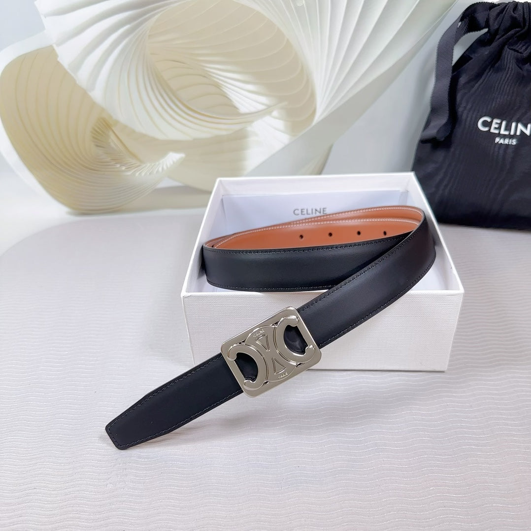 CELINE CL MEDIUM 25 MM REVERSIBLE FRAMED TRIOMPHE BELT BLACK AND BRONZE BROWN CALFSKIN SILVER HARDWARE
