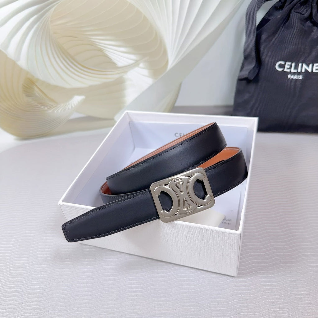 CELINE CL MEDIUM 25 MM REVERSIBLE FRAMED TRIOMPHE BELT BLACK AND BRONZE BROWN CALFSKIN SILVER HARDWARE