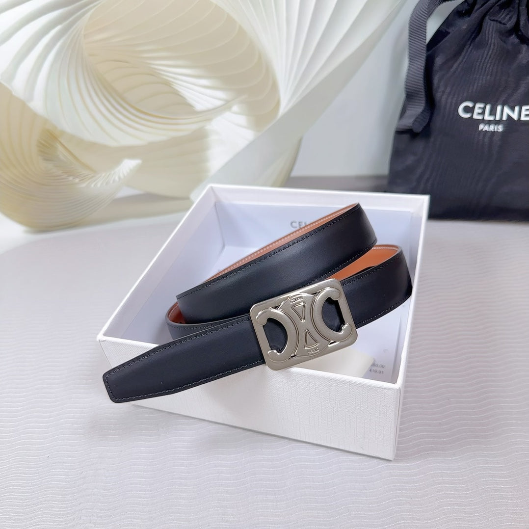CELINE CL MEDIUM 25 MM REVERSIBLE FRAMED TRIOMPHE BELT BLACK AND BRONZE BROWN CALFSKIN SILVER HARDWARE