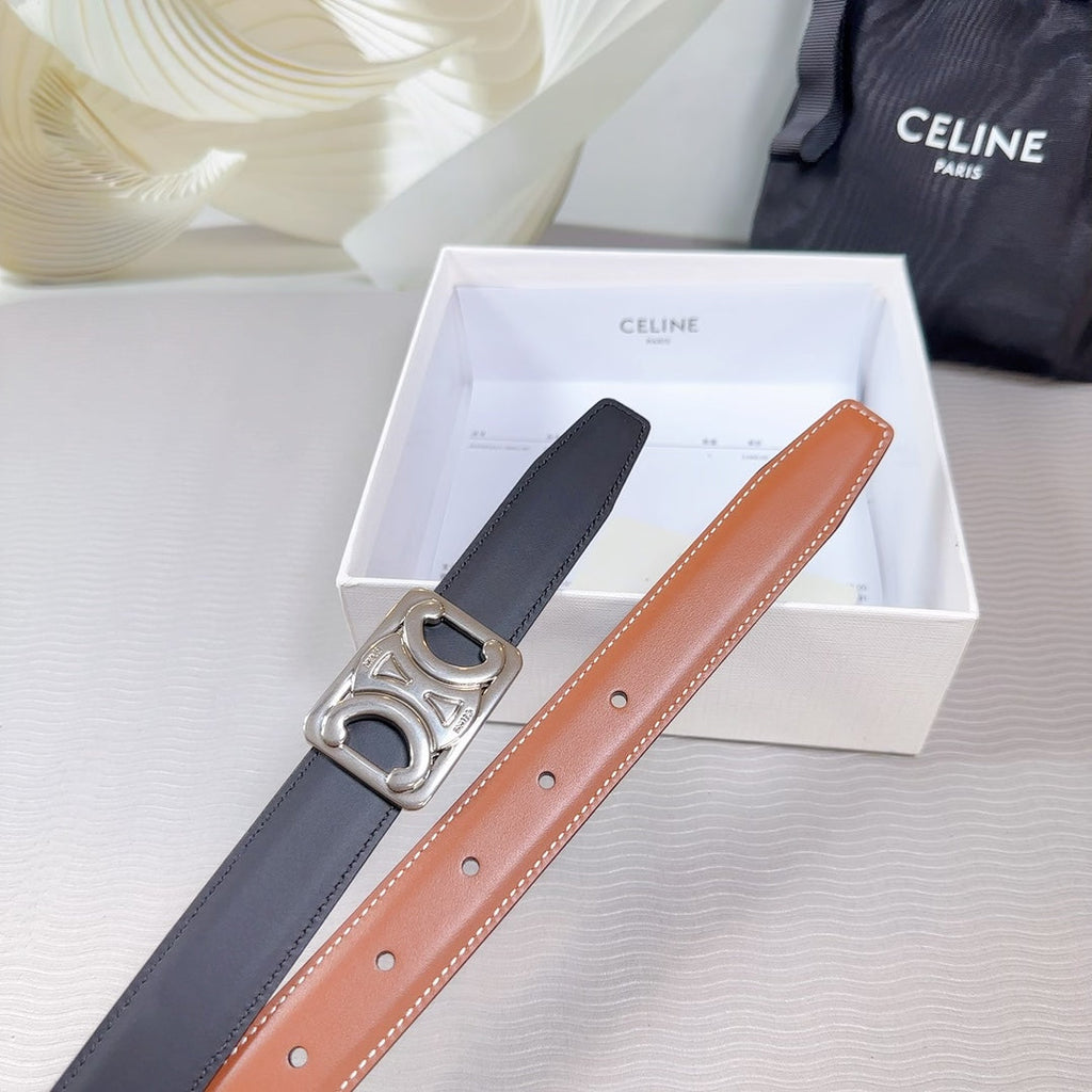 CELINE CL MEDIUM 25 MM REVERSIBLE FRAMED TRIOMPHE BELT BLACK AND BRONZE BROWN CALFSKIN SILVER HARDWARE